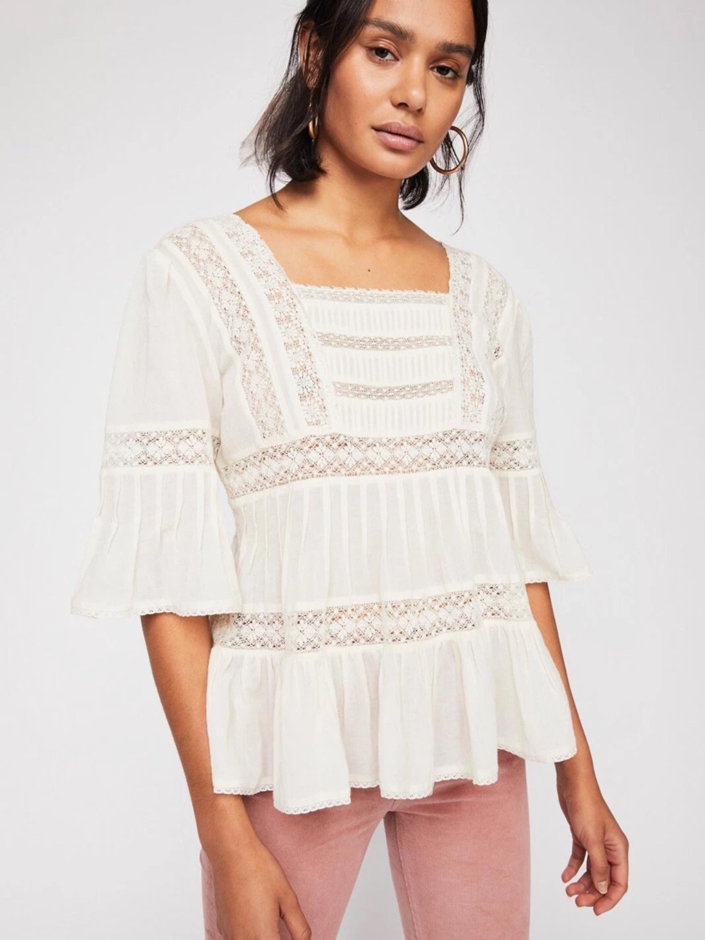 Free People Ivory Lace Trim Square-Neck Peasant Blouse